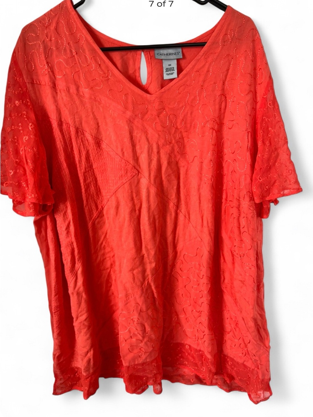 Catherines Coral Embroidered V-Neck Short Sleeve Top